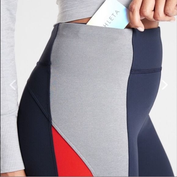 Athleta Crest High Rise Leggings Blue Red Grey Color Block Tights Full Length - Picture 2 of 12